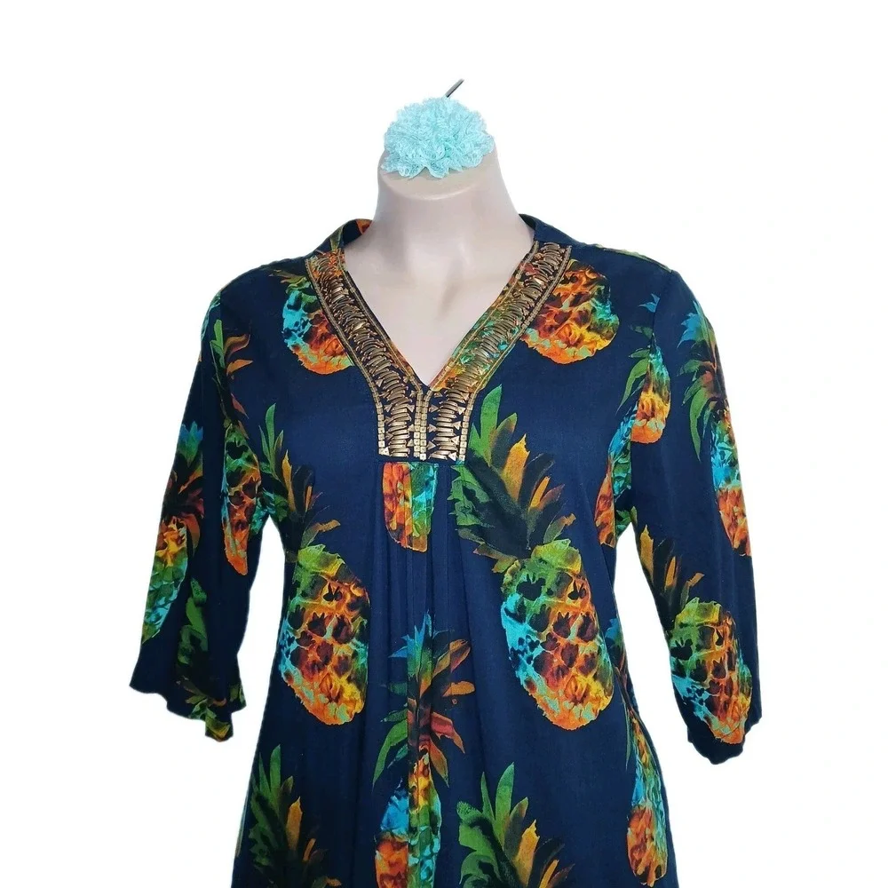 Kate Landry Tropical Dress XL Blue Women Pineapple Hawaii Resort Vacation Fruit